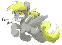 Size: 600x437 | Tagged: safe, artist:maren, imported from derpibooru, derpy hooves, pegasus, pony, 2013, alternate hairstyle, blushing, doodle, female, flying, mail, mare, mouth hold, nom, old art, ponytail, simple background, solo, white background