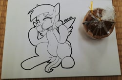Size: 1340x887 | Tagged: safe, artist:maren, imported from derpibooru, derpy hooves, pegasus, pony, 2019, crying, doodle, eating, eyes closed, female, food, holding, mare, muffin, old art, sitting, solo, tears of joy, traditional art