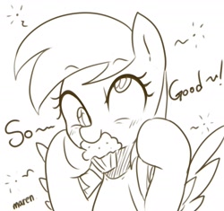 Size: 1614x1520 | Tagged: safe, artist:maren, imported from derpibooru, derpy hooves, pegasus, pony, 2020, blushing, bust, dialogue, doodle, female, food, hooves on cheeks, mare, mouth hold, muffin, old art, solo, spread wings, that pony sure does love muffins, wings