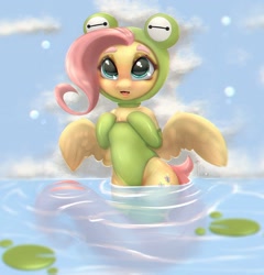 Size: 964x1003 | Tagged: safe, artist:inkypuso, imported from derpibooru, fluttershy, frog, pegasus, pony, animal costume, bipedal, blushing, clothes, costume, cute, daaaaaaaaaaaw, female, frog costume, green swimsuit, legs in the water, lilypad, looking at you, mare, one-piece swimsuit, open mouth, open smile, shyabetes, smiling, smiling at you, solo, swimsuit