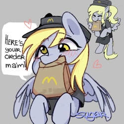 Size: 1000x1000 | Tagged: safe, artist:sugarpersonlove, imported from derpibooru, derpy hooves, pegasus, pony, bag, blushing, clothes, cute, daaaaaaaaaaaw, derpabetes, fast food, female, floating heart, food, gray background, happy, hat, heart, mare, mcdonald's, mouth hold, paper bag, simple background, smiling, solo, speech, speech bubble, spread wings, standing on two hooves, talking, uniform, wings, working