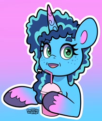 Size: 3245x3845 | Tagged: safe, artist:partylikeanartist, imported from derpibooru, pony, unicorn, drink, female, g5, gradient background, high res, hoof hold, looking at you, mare, misty brightdawn, open mouth, open smile, outline, signature, smiling, smiling at you, smoothie, that pony sure does love smoothies