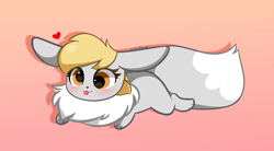 Size: 4294x2364 | Tagged: safe, artist:kittyrosie, imported from derpibooru, part of a set, derpy hooves, eevee, blushing, cute, cuteness overload, derpabetes, female, gradient background, heart, high res, kittyrosie is trying to murder us, lying down, pokefied, pokémon, signature, simple background, solo, sweet dreams fuel, tongue out