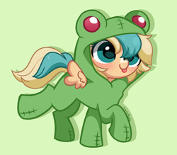 Size: 3038x2658 | Tagged: safe, artist:kittyrosie, imported from derpibooru, oc, oc only, frog, pegasus, pony, animal costume, clothes, commission, costume, cute, frog costume, green background, ocbetes, simple background, solo, tongue out