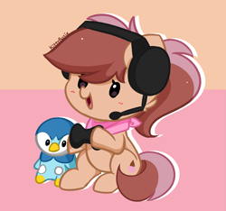 Size: 2773x2599 | Tagged: safe, artist:kittyrosie, imported from derpibooru, oc, oc only, earth pony, pegasus, piplup, pony, commission, cute, headphones, ocbetes, plushie, pokémon, simple background, solo