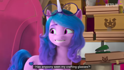 Size: 1366x768 | Tagged: safe, edit, edited screencap, imported from derpibooru, screencap, izzy moonbow, pony, unicorn, spoiler:my little pony: make your mark chapter 2, spoiler:myms01e01, box, caption, closet, g5, glasses, izzy does it, logo, meme, my little pony: make your mark, my little pony: make your mark chapter 2, netflix, netflix logo, solo, stapler, text, youtube caption