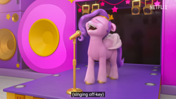 Size: 1366x768 | Tagged: safe, edit, edited screencap, imported from derpibooru, screencap, pipp petals, pegasus, pony, spoiler:my little pony: make your mark chapter 2, spoiler:myms01e01, caption, g5, izzy does it, logo, meme, microphone, microphone stand, my little pony: make your mark, my little pony: make your mark chapter 2, netflix, netflix logo, singing, solo, speaker, stage, stage light, text, youtube caption