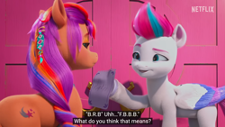 Size: 1366x768 | Tagged: safe, edit, edited screencap, imported from derpibooru, screencap, sunny starscout, zipp storm, earth pony, pegasus, pony, spoiler:my little pony: make your mark chapter 2, spoiler:myms01e01, accessory, caption, g5, izzy does it, logo, meme, my little pony: make your mark, my little pony: make your mark chapter 2, netflix, netflix logo, note, paper, storm, text, youtube caption