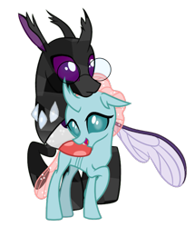Size: 671x782 | Tagged: safe, artist:cheezedoodle96, artist:obsidian chitin, imported from derpibooru, ocellus, oc, oc:obsidian chitin, changedling, changeling, canon x oc, crystallized, nuzzling, simple background, transparent background