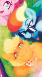 Size: 584x1073 | Tagged: safe, artist:justasuta, idw, imported from derpibooru, applejack, pinkie pie, rainbow dash, twilight sparkle, alicorn, spoiler:comic, spoiler:g5comic, spoiler:g5comic09, comic cover, cover art, g5, looking at you, lying down, official, offscreen character, older, older applejack, older rainbow dash, shipping fuel, sunglasses, twilight sparkle (alicorn)