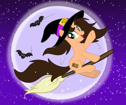 Size: 4785x3977 | Tagged: safe, artist:lynnthenerdkitty, artist:rachelclaradrawz, imported from derpibooru, oc, oc only, oc:small brooke, bat, pony, unicorn, base used, broom, flying, flying broomstick, hat, moon, night, october, solo, spook, stars, witch, witch hat