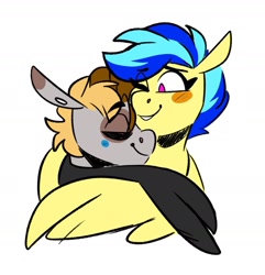 Size: 1474x1532 | Tagged: safe, artist:lrusu, imported from derpibooru, oc, oc only, oc:koa, oc:sunny (lrusu), hybrid, mule, pegasus, pony, cute, duo, duo male and female, female, hug, male, pegamule, simple background, white background, winghug, wings