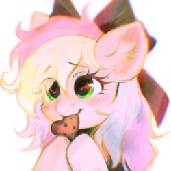 Size: 1500x1500 | Tagged: safe, artist:dearmary, imported from derpibooru, oc, oc only, oc:blazey sketch, pegasus, pony, blush sticker, blushing, bow, bust, clothes, cookie, female, food, green eyes, grey fur, hair bow, heart, looking up, mare, multicolored hair, portrait, simple background, solo, sweater, white background