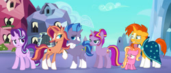 Size: 1024x437 | Tagged: safe, artist:lillyleaf101, imported from derpibooru, luster dawn, starlight glimmer, sunburst, oc, oc:comet trail, oc:rose gold, oc:star chaser, pony, unicorn, female, male, mare, offspring, parent:starlight glimmer, parent:sunburst, parents:starburst, stallion