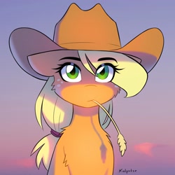 Size: 2695x2699 | Tagged: safe, artist:katputze, imported from derpibooru, applejack, earth pony, pony, applejack's hat, bust, cheek fluff, chest fluff, cowboy hat, eye clipping through hair, eyebrows, eyebrows visible through hair, female, hat, looking at you, mare, mouth hold, signature, solo, straw in mouth, sunset