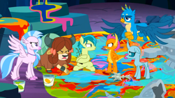 Size: 1600x898 | Tagged: safe, imported from derpibooru, screencap, gallus, ocellus, sandbar, silverstream, smolder, yona, changedling, changeling, classical hippogriff, dragon, earth pony, griffon, hippogriff, pony, yak, uprooted, angry, bow, cloven hooves, colored hooves, dragoness, female, gallus is not amused, hair bow, hoof hold, jewelry, monkey swings, necklace, paint, paint bucket, sapling, silverstream is not amused, spread wings, student six, unamused, wings