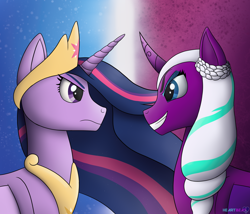 Size: 2332x2000 | Tagged: safe, artist:passionpanther, imported from derpibooru, opaline arcana, twilight sparkle, alicorn, pony, spoiler:g5, spoiler:my little pony: make your mark, angry, antagonist, crown, female, g5, high res, jewelry, looking at each other, looking at someone, mare, my little pony: make your mark, older, older twilight, princess twilight 2.0, regalia, rivalry, twilight sparkle (alicorn)