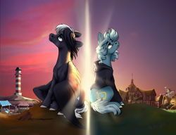 Size: 2700x2072 | Tagged: safe, artist:28gooddays, imported from derpibooru, lyra heartstrings, oc, pegasus, pony, unicorn, clothes, commission, duo, hoodie, lighthouse, ponyville, sad