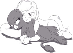 Size: 1280x930 | Tagged: safe, artist:nauyaco, imported from derpibooru, oc, oc:ardent heart, griffon, pony, blushing, female, male, monochrome, stallion