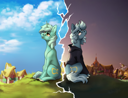 Size: 2700x2072 | Tagged: safe, artist:28gooddays, imported from derpibooru, lyra heartstrings, pony, unicorn, fanfic:background pony, clothes, commission, crying, dig the swell hoodie, duality, happy, hoodie, ponyville, sad, smiling