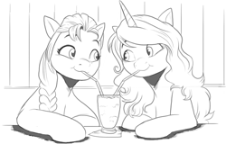 Size: 1086x697 | Tagged: safe, artist:nauyaco, imported from derpibooru, izzy moonbow, sunny starscout, earth pony, pony, unicorn, duo, female, g5, izzyscout, lesbian, milkshake ponies, monochrome, sharing a drink, shipping