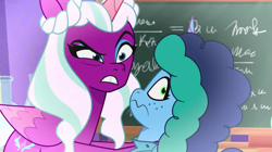 Size: 3299x1846 | Tagged: safe, imported from derpibooru, screencap, opaline arcana, alicorn, pony, unicorn, spoiler:g5, spoiler:my little pony: make your mark, spoiler:my little pony: tell your tale, spoiler:tyts01e29, chalkboard, dragon dad, g5, misty brightdawn, my little pony: tell your tale, wavy mouth