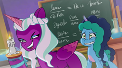 Size: 3299x1843 | Tagged: safe, imported from derpibooru, screencap, opaline arcana, alicorn, pony, unicorn, spoiler:g5, spoiler:my little pony: tell your tale, spoiler:tyts01e29, candle, chalkboard, dragon dad, duo, duo female, evil laugh, female, g5, grin, laughing, mare, misty brightdawn, my little pony: tell your tale, nervous, nervous grin, open mouth, open smile, smiling, youtube link