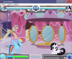 Size: 642x532 | Tagged: safe, imported from derpibooru, rainbow dash, rarity, pegasus, pony, unicorn, fighting is magic, animated, carousel boutique, female, fighting is magic aurora, game, mare, palette swap, recolor