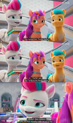 Size: 1366x2296 | Tagged: safe, edit, edited screencap, imported from derpibooru, screencap, hitch trailblazer, sunny starscout, zipp storm, earth pony, pegasus, pony, spoiler:g5, spoiler:my little pony: make your mark chapter 2, spoiler:myms01e01, caption, cellphone, comic, female, firewood, g5, izzy does it, logo, male, mare, meme, my little pony: make your mark, my little pony: make your mark chapter 2, netflix, netflix logo, phone, recording, screencap comic, shelf, stairs, stallion, table, text, youtube caption