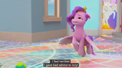 Size: 1364x766 | Tagged: safe, edit, edited screencap, imported from derpibooru, screencap, pipp petals, pegasus, pony, spoiler:g5, spoiler:my little pony: make your mark chapter 2, spoiler:myms01e01, caption, floating, g5, izzy does it, logo, meme, my little pony: make your mark, my little pony: make your mark chapter 2, netflix, netflix logo, sad, solo, stained glass window, text, tiled floor, upset, window, youtube caption