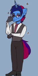 Size: 1000x2000 | Tagged: safe, artist:freak-side, imported from derpibooru, oc, oc only, oc:marquis majordome, anthro, plantigrade anthro, unicorn, anthro oc, clothes, glasses, gloves, jacket, looking at you, male, necktie, shoes, simple background, solo, stallion, suit