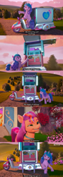 Size: 1362x3838 | Tagged: safe, imported from derpibooru, screencap, izzy moonbow, sunny starscout, earth pony, pony, unicorn, spoiler:g5, spoiler:my little pony: make your mark chapter 2, spoiler:myms01e01, cart, comic, g5, izzy does it, lights, logo, my little pony: make your mark, my little pony: make your mark chapter 2, netflix, netflix logo, outdoors, paintbrush, scissors, scooter, storage, subtitles, table, tree