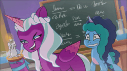 Size: 600x337 | Tagged: safe, imported from derpibooru, screencap, opaline arcana, alicorn, pony, unicorn, spoiler:g5, spoiler:my little pony: make your mark, spoiler:tyts01e29, animated, candle, dragon dad, duo, duo female, evil laugh, female, g5, gif, grin, laughing, misty brightdawn, my little pony: tell your tale, nervous, nervous grin, smiling