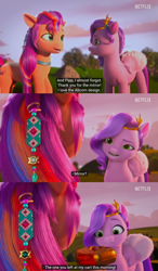 Size: 1360x2332 | Tagged: safe, imported from derpibooru, screencap, pipp petals, sunny starscout, earth pony, pegasus, pony, spoiler:g5, spoiler:my little pony: make your mark chapter 2, spoiler:myms01e01, accessory, case, comic, confused, g5, gold, izzy does it, logo, my little pony: make your mark, my little pony: make your mark chapter 2, netflix, netflix logo, outdoors, present, screencap comic, subtitles