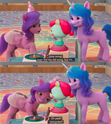 Size: 1366x1520 | Tagged: safe, imported from derpibooru, screencap, izzy moonbow, pipp petals, pegasus, pony, unicorn, spoiler:g5, spoiler:my little pony: make your mark chapter 2, spoiler:myms01e01, bobblehead, cellphone, comic, g5, gramophone, hat, izzy does it, logo, my little pony: make your mark, my little pony: make your mark chapter 2, netflix, netflix logo, party hat, phone, subtitles, tiled floor