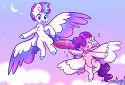 Size: 3590x2441 | Tagged: safe, artist:moccabliss, imported from derpibooru, pipp petals, zipp storm, pegasus, pony, blushing, chest fluff, city, cloud, colored wings, crescent moon, dreamworks face, duo, duo female, eyebrows, eyebrows visible through hair, eyes closed, female, flying, g5, happy, high res, mare, moon, multicolored wings, music notes, open mouth, open smile, raised eyebrow, royal sisters (g5), siblings, signature, singing, sisters, sky, smiling, spread wings, stars, wings