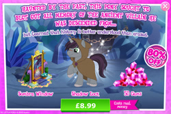Size: 1954x1303 | Tagged: safe, idw, imported from derpibooru, king sombra, shadow lock, pony, unicorn, advertisement, bush, cloak, clothes, costs real money, crack is cheaper, crystal, english, flower, gameloft, gem, gray coat, grey fur, hood up, horn, lantern, male, my little pony: magic princess, numbers, official, pot, purple mane, purple tail, sale, scar, solo, solo focus, stained glass, stained glass window, stallion, tail, text, unshorn fetlocks