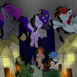 Size: 3000x3000 | Tagged: safe, artist:houndy, imported from derpibooru, oc, oc:doomi, oc:jester quinn, oc:mosskin, oc:novi, oc:saphirblau, oc:strawberry jam, bat pony, earth pony, pegasus, bats!, bat wings, earth pony oc, group, group photo, halloween, hat, holiday, lighting, night, nightmare night, pegasus oc, pumpkin, trick or treat, wings, witch hat