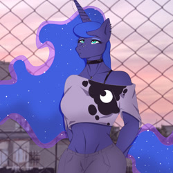 Size: 1280x1279 | Tagged: safe, artist:stervyak, imported from derpibooru, princess luna, alicorn, anthro, belly button, black bra, bra, bra strap, choker, clothes, cutie mark on clothes, denim, ear piercing, ethereal mane, eyeshadow, hands behind back, horn, horn jewelry, jeans, jewelry, makeup, midriff, necklace, nose piercing, pants, piercing, short shirt, solo, underwear