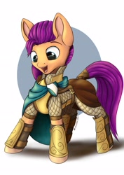 Size: 2480x3508 | Tagged: safe, artist:db, imported from derpibooru, sunny starscout, earth pony, pony, armor, brooch, cape, clothes, female, g5, happy, jewelry, mare, medieval, solo