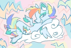 Size: 1186x803 | Tagged: safe, artist:_night_milk_, imported from derpibooru, rainbow dash, cloud, crossed legs, grin, smiling