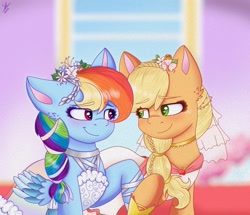 Size: 1440x1237 | Tagged: safe, artist:galaxy swirl, imported from derpibooru, applejack, rainbow dash, earth pony, pegasus, pony, appledash, clothes, dress, female, lesbian, marriage, shipping, wedding, wedding dress