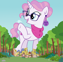 Size: 1280x1262 | Tagged: safe, artist:boneswolbach, artist:cirillaq, edit, editor:jaredking779, imported from derpibooru, raspberry latte, pony, unicorn, female, giant pony, giant unicorn, giantess, glasses, houses, jewelry, macro, mare, mega giant, open mouth, ponyville, raised hoof, smiling, solo, tree