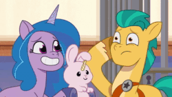 Size: 1280x720 | Tagged: safe, imported from derpibooru, screencap, hitch trailblazer, izzy moonbow, earth pony, pony, rabbit, unicorn, spoiler:tyts01e29, animated, bunnycorn, coat markings, dragon dad, female, g5, holding, look at it, male, mare, my little pony: tell your tale, socks (coat markings), sound, stallion, webm