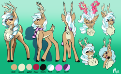 Size: 6036x3703 | Tagged: safe, artist:mekblue, imported from derpibooru, oc, oc:karolin, deer, reindeer, angry, butt, chest fluff, clothes, color palette, fluffy, happy, horns, laughing, magic, plot, reference sheet, scarf, simple background, tied mane, unshorn fetlocks