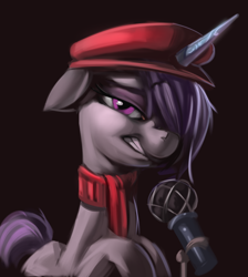 Size: 722x805 | Tagged: safe, artist:applepost67, imported from derpibooru, pony, unicorn, background pony, beatnik pony, beret, clothes, female, g5, hat, horn, mare, microphone, my little pony: a new generation, one eye covered, onyx, scarf, solo