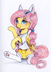 Size: 2039x2894 | Tagged: safe, artist:lailyren, imported from derpibooru, fluttershy, pegasus, pony, alternate hairstyle, animal costume, aside glance, behaving like a cat, bow, cat costume, cat ears, clothes, costume, cute, ear fluff, female, fluttercat, folded wings, hair bow, high res, looking at you, mare, paw socks, raised hoof, scrunchie, shirt, shyabetes, simple background, sitting, solo, t-shirt, three quarter view, traditional art, white background, wings