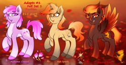 Size: 1550x800 | Tagged: safe, artist:shad0w-galaxy, imported from derpibooru, oc, oc only, oc:ash spark, oc:autumn crocus, oc:blazing gale, earth pony, pegasus, pony, unicorn, adoptable, advertisement, auction, auction open, autumn, colored belly, colored wings, concave belly, cute, cutie mark, female, gradient background, gradient hooves, gradient mane, gradient wings, leaves, mare, open mouth, pale belly, raised hoof, slim, smiling, spread wings, thin, tongue out, unshorn fetlocks, wings