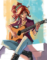 Size: 1280x1638 | Tagged: safe, artist:chickendrawsdogs, imported from derpibooru, ray, sunset shimmer, gecko, human, leopard gecko, equestria girls, boots, geode of empathy, guitar, hair tie, humanized, magical geodes, musical instrument, shoes