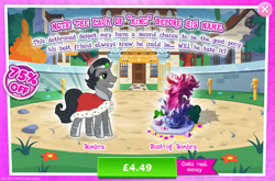 Size: 1962x1295 | Tagged: safe, idw, imported from derpibooru, king sombra, pony, unicorn, advertisement, black mane, black tail, bush, bust, cape, clothes, costs real money, crystal, english, gameloft, gate, gray coat, grey fur, horn, idw showified, male, metal, my little pony: magic princess, numbers, official, reformed sombra, royal cape, sale, smiling, solo, solo focus, stallion, tail, text